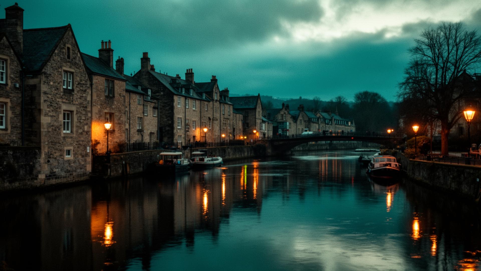 Exeter Quay at dusk, warm lamps reflecting on the River Exe