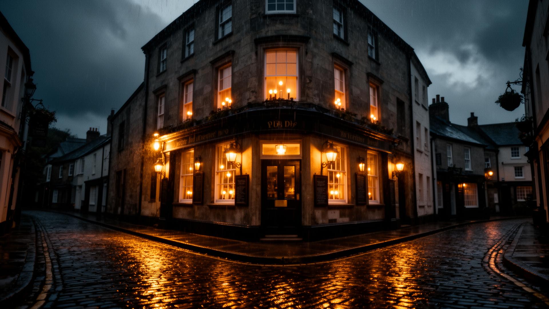 The Hour Glass Inn, a historic wedge-shaped pub in Exeter glowing with candlelight at dusk