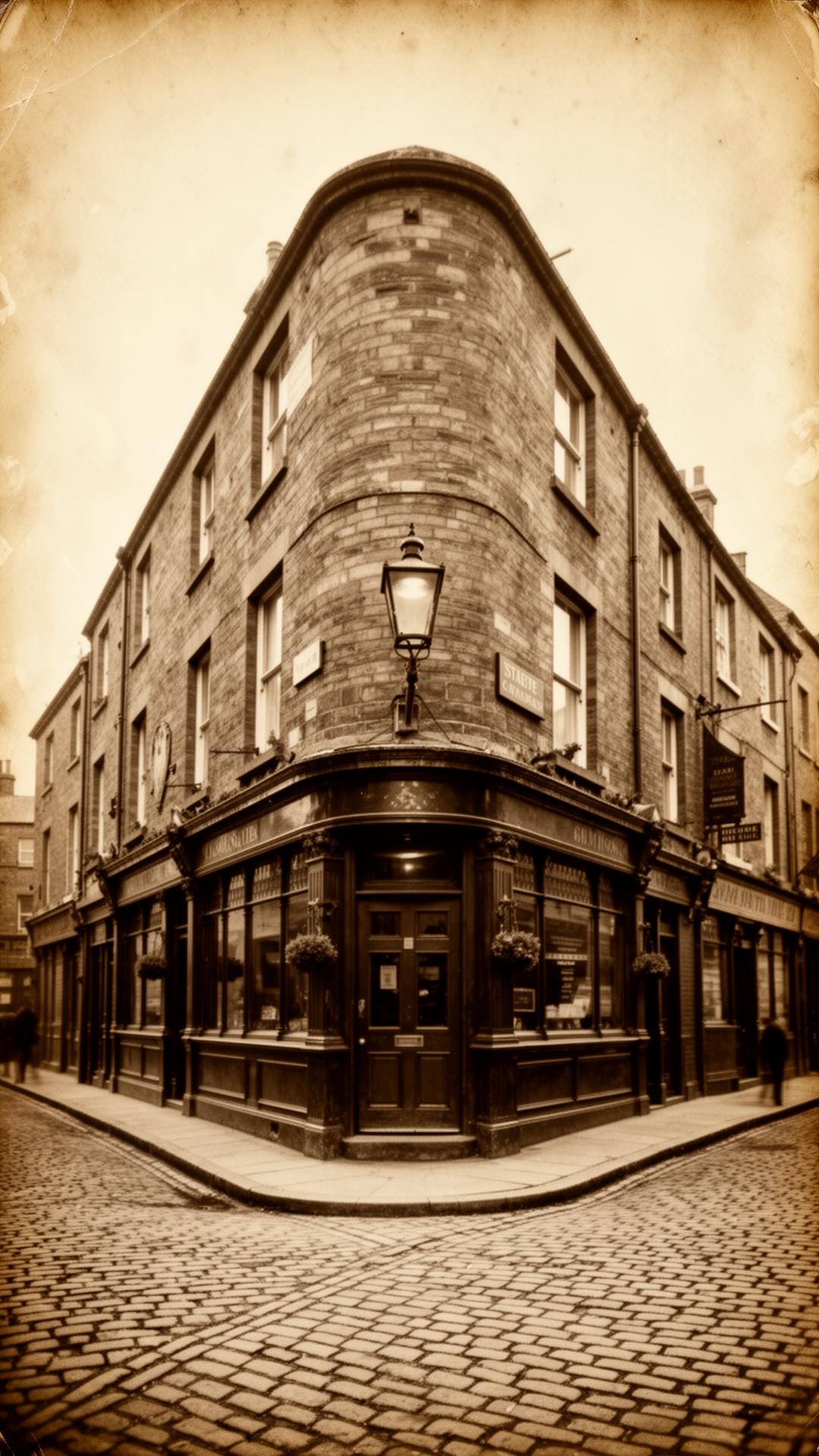 Sepia-toned archival image of The Hour Glass Inn's wedge-shaped facade in Victorian Exeter