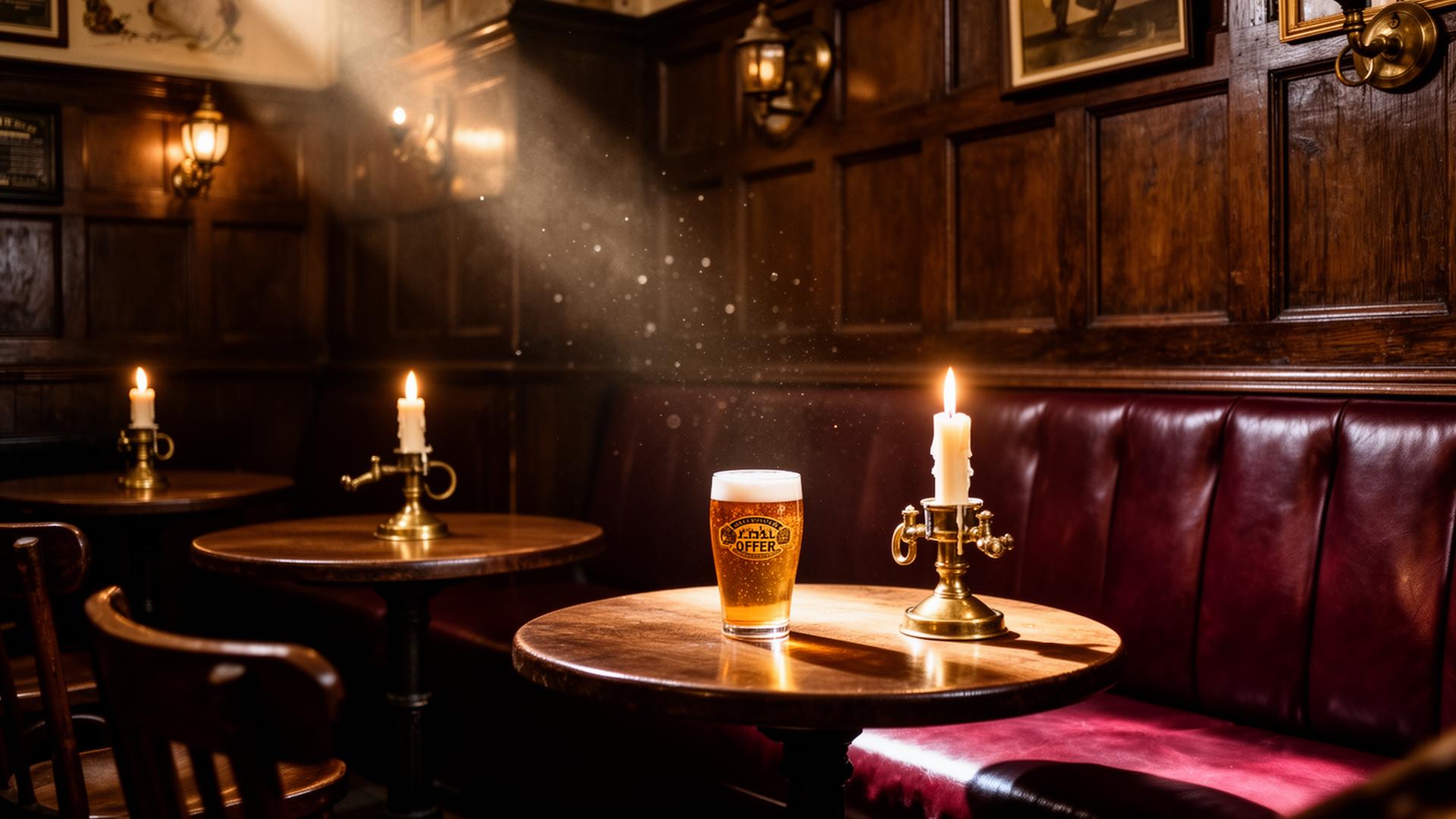 Cosy candlelit snug with dark oak panelling and burgundy banquettes inside The Hour Glass Inn