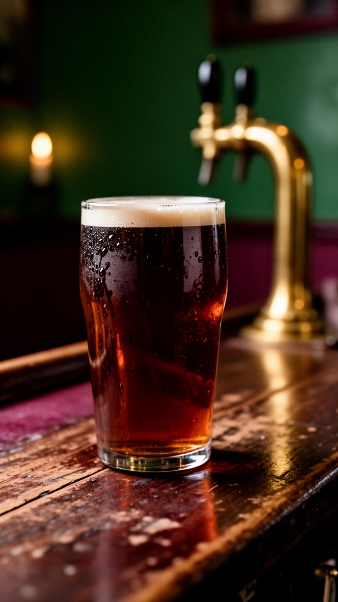 Pint of Devon real ale on a worn pub bar with brass taps glowing behind