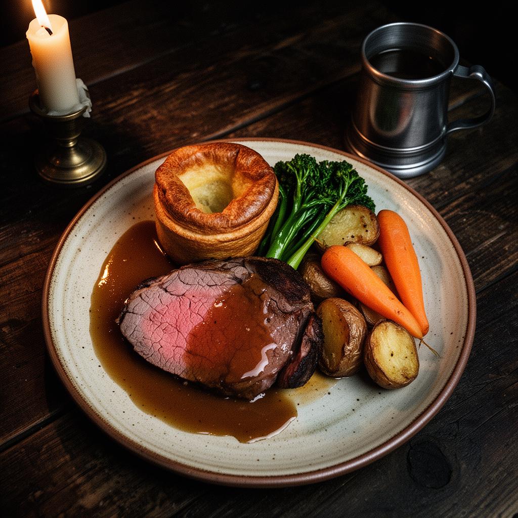Traditional Devon Sunday roast with Yorkshire pudding and roast potatoes on a rustic plate