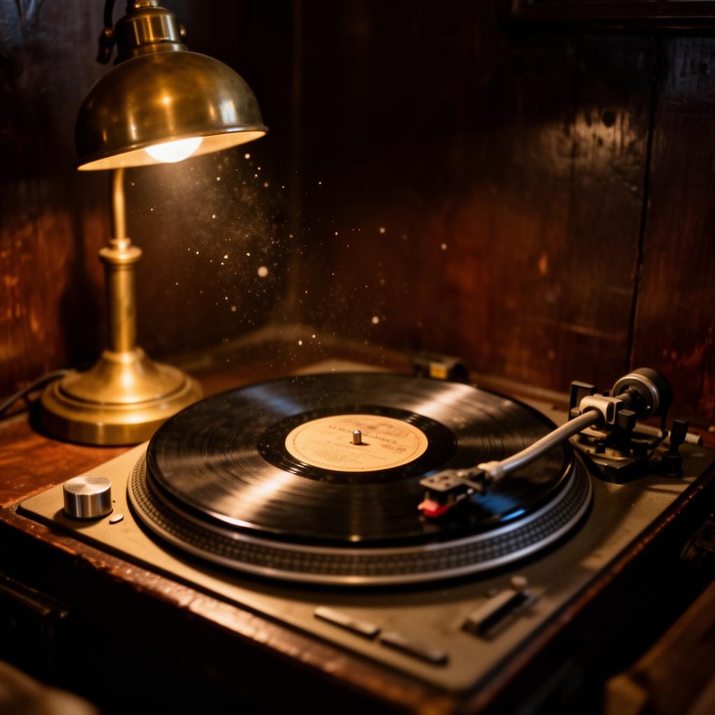 Vintage vinyl record spinning under brass lamp light at The Hour Glass
